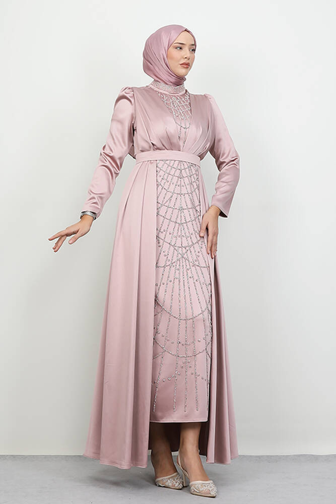 İşlemeli Pelerinli Abiye Pudra - LAMİAGİYİM