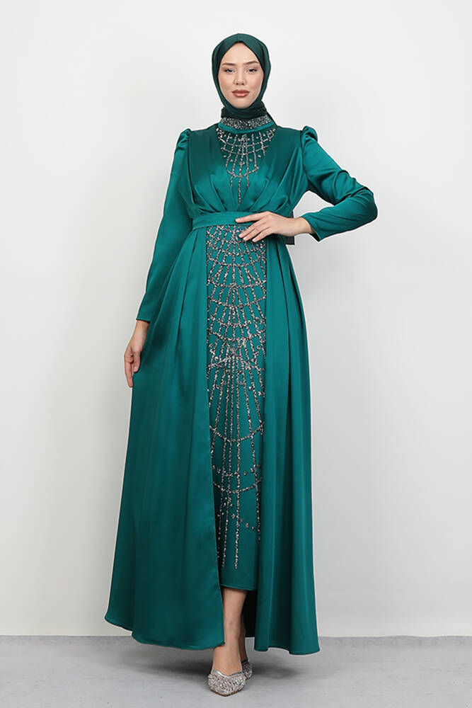 İşlemeli Pelerinli Abiye Zümrüt - LAMİAGİYİM