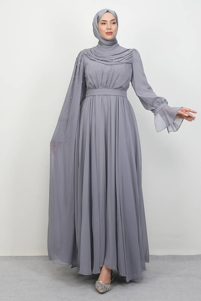 Karanfil Pelerinli Elbise Gri 