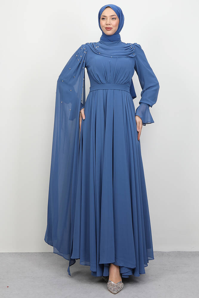 Karanfil Pelerinli Elbise İndigo - LAMİAGİYİM