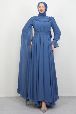 Karanfil Pelerinli Elbise İndigo - LAMİAGİYİM