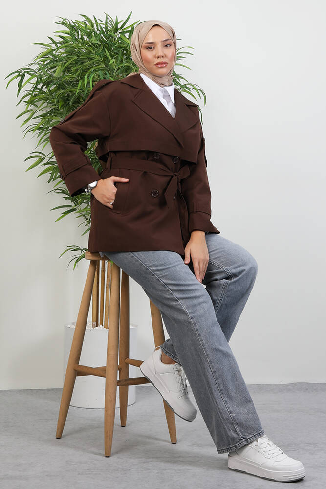 Kemer Detay Kısa Trenç Acı Kahve - LAMİAGİYİM