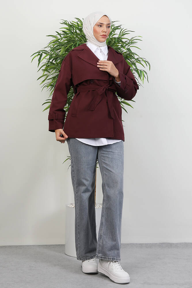 Kemer Detay Kısa Trenç Bordo - LAMİAGİYİM