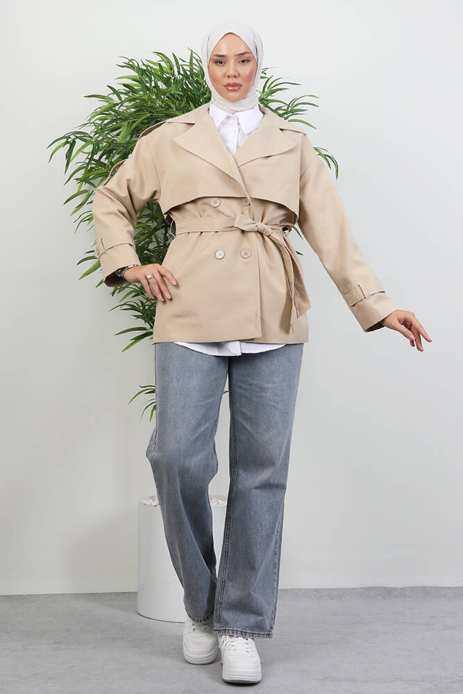 Kemer Detay Kısa Trenç Krem - LAMİAGİYİM