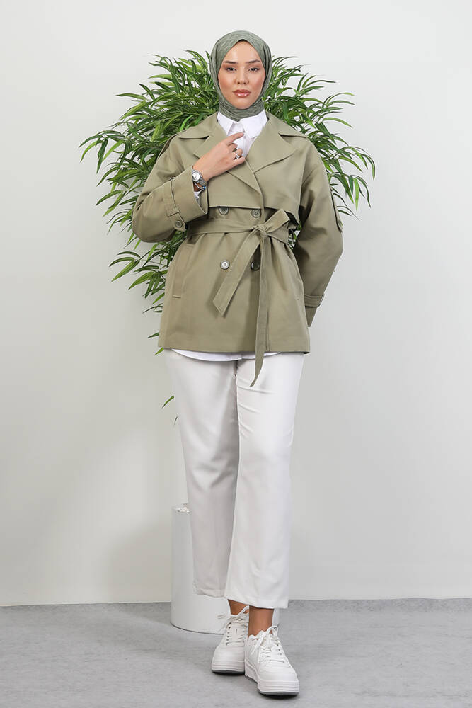 Kemer Detay Kısa Trenç Soft Yeşil - LAMİAGİYİM