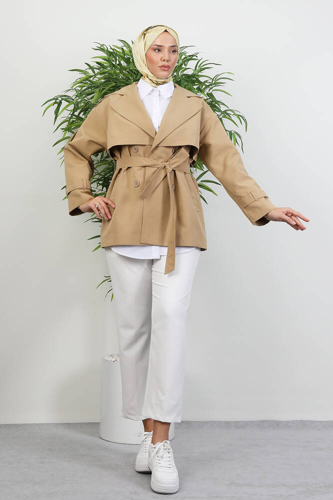 Kemer Detay Kısa Trenç Sütlükahve - LAMİAGİYİM