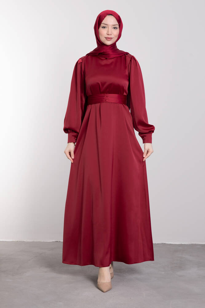 Kemerli Saten Elbise Bordo 