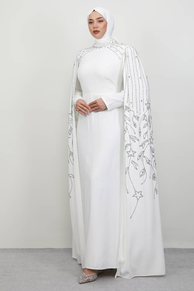 Kolları Taşlı Pelerinli Abiye Beyaz - LAMİAGİYİM