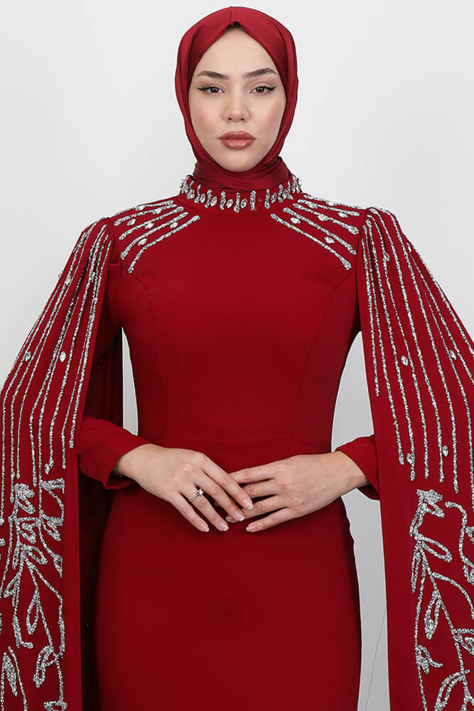 Kolları Taşlı Pelerinli Abiye Bordo - LAMİAGİYİM