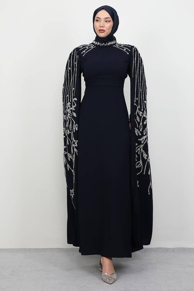 Kolları Taşlı Pelerinli Abiye Lacivert - LAMİAGİYİM