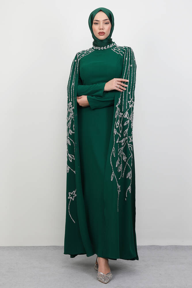 Kolları Taşlı Pelerinli Abiye Zümrüt - LAMİAGİYİM