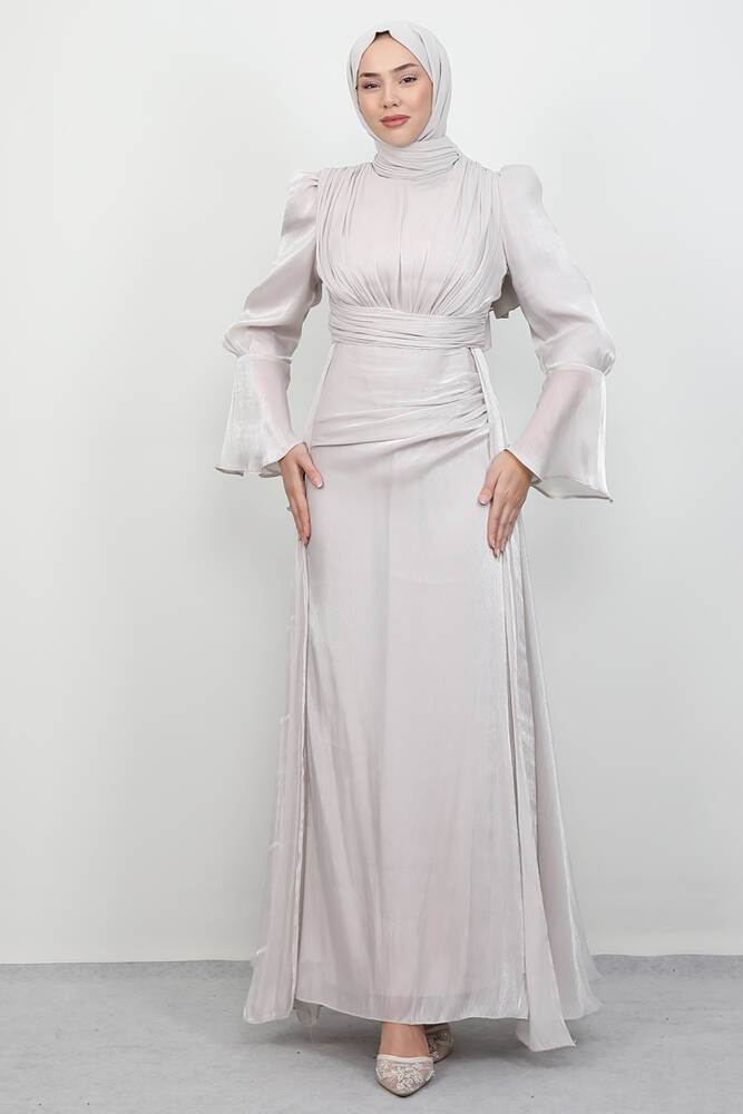 Kolu Volanlı Yoryo Elbise Bej - LAMİAGİYİM