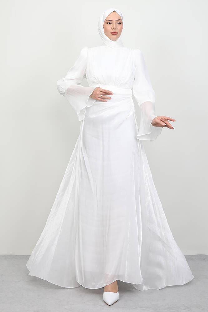 Kolu Volanlı Yoryo Elbise Beyaz - LAMİAGİYİM