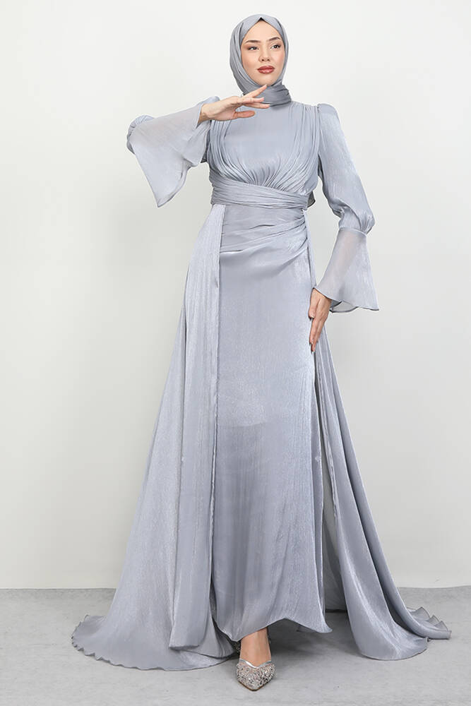 Kolu Volanlı Yoryo Elbise Gri - LAMİAGİYİM