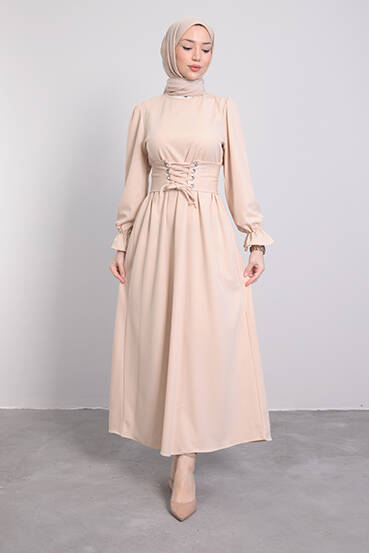 Kuş Gözlü Kuşaklı Elbise Krem - LAMİAGİYİM