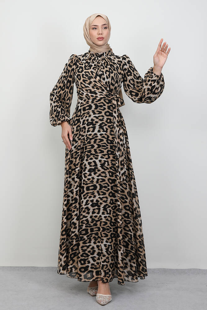 Leopar Şifon Elbise Kahve - LAMİAGİYİM