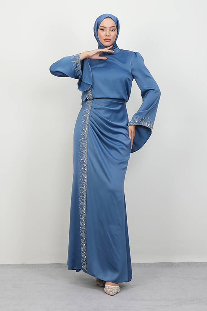 Mihrimah Saten Abiye İndigo - LAMİAGİYİM