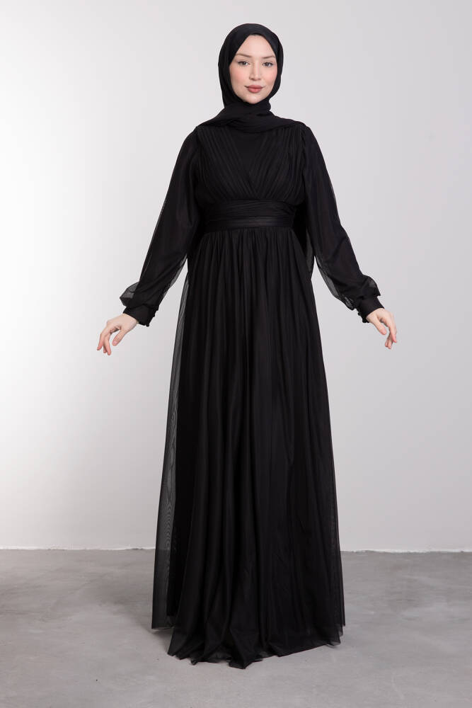 Minimalist Sıralı Piliseli Elbise Siyah 