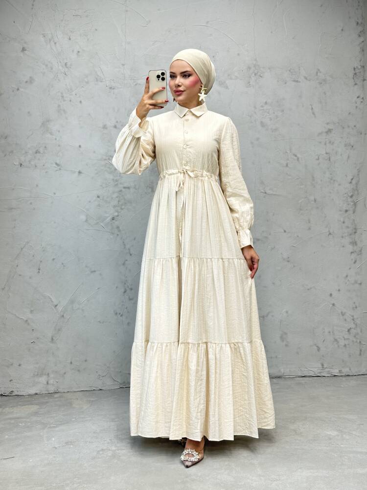 Modern Beli Ayarlanabilir Elbise Krem 