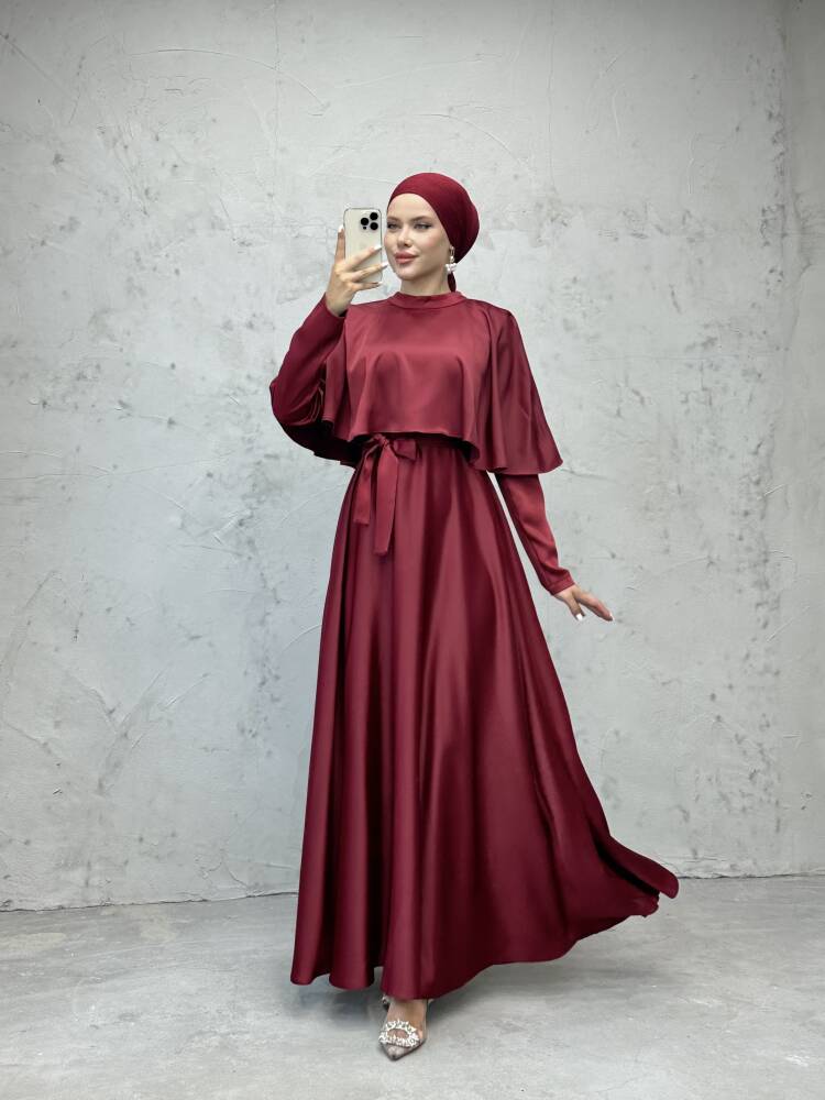 Mona Pelerinli Elbise Bordo 