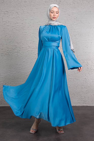 Nazlı Tesettür Elbise Gök Mavi - LAMİAGİYİM