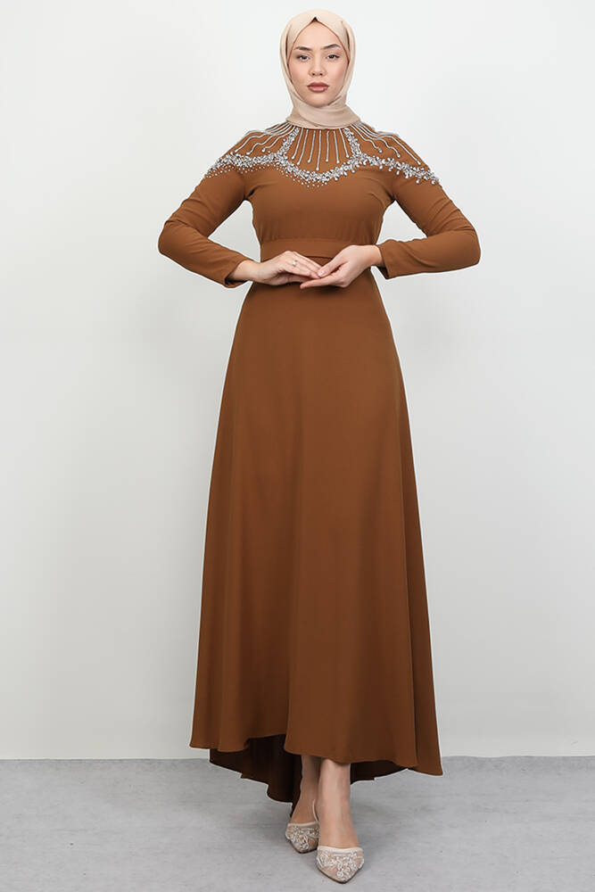 Nisan Taşlı Elbise Açık Hardal - LAMİAGİYİM