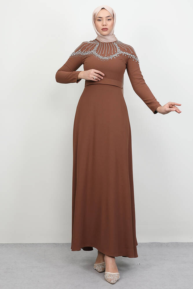 Nisan Taşlı Elbise Açık Kahve - LAMİAGİYİM