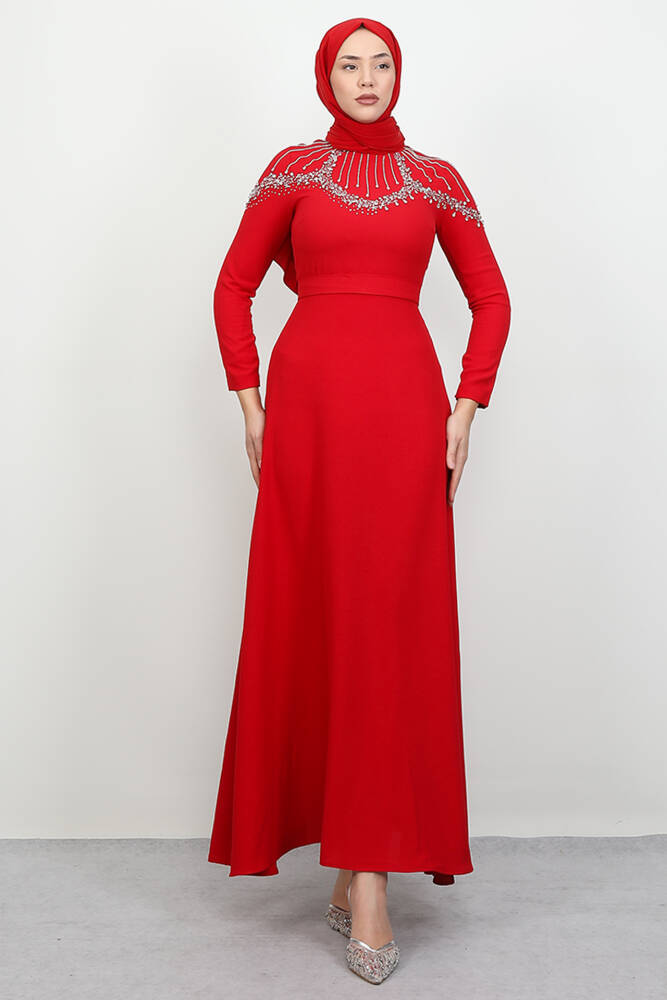 Nisan Taşlı Elbise Kırmızı - LAMİAGİYİM