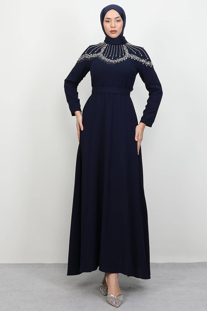 Nisan Taşlı Elbise Koyu Lacivert - LAMİAGİYİM