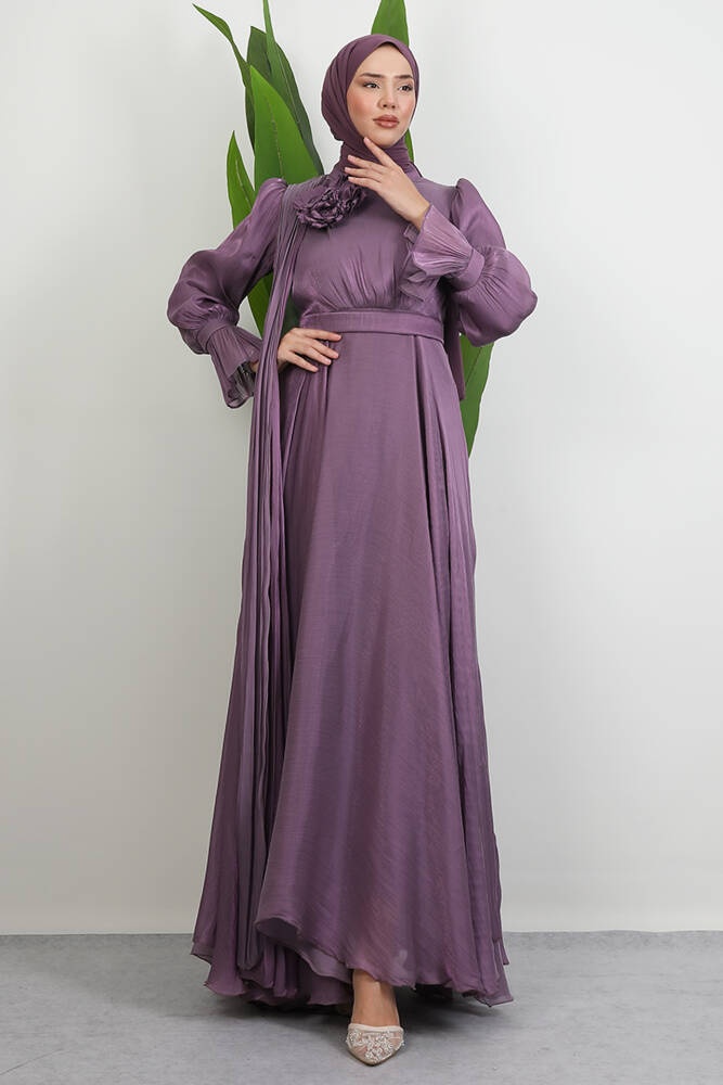 Omuzdan Pelerinli Elbise Koyu Lila - LAMİAGİYİM