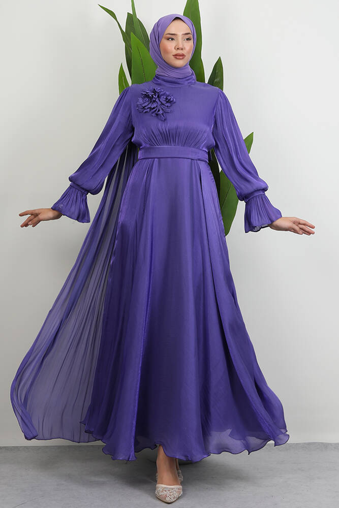 Omuzdan Pelerinli Elbise Mor - LAMİAGİYİM