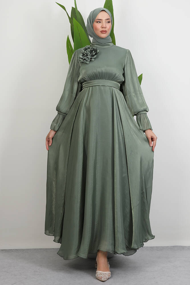 Omuzdan Pelerinli Elbise Soft Yeşil - LAMİAGİYİM