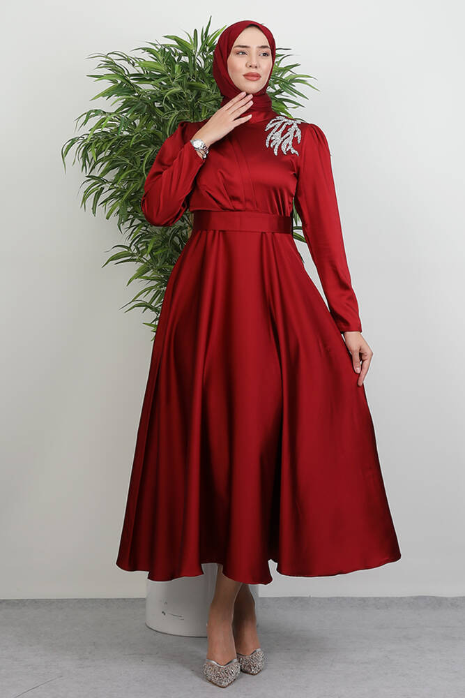 Omzu Taşlı Saten Abiye Bordo - LAMİAGİYİM
