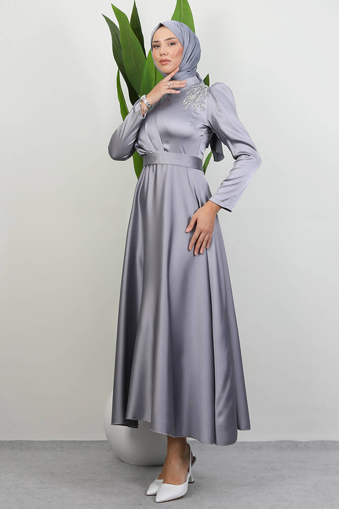 Omzu Taşlı Saten Abiye Gri - LAMİAGİYİM