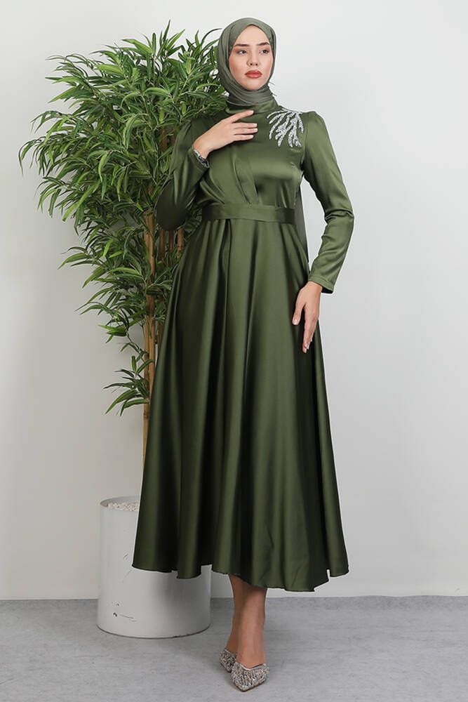 Omzu Taşlı Saten Abiye Haki - LAMİAGİYİM