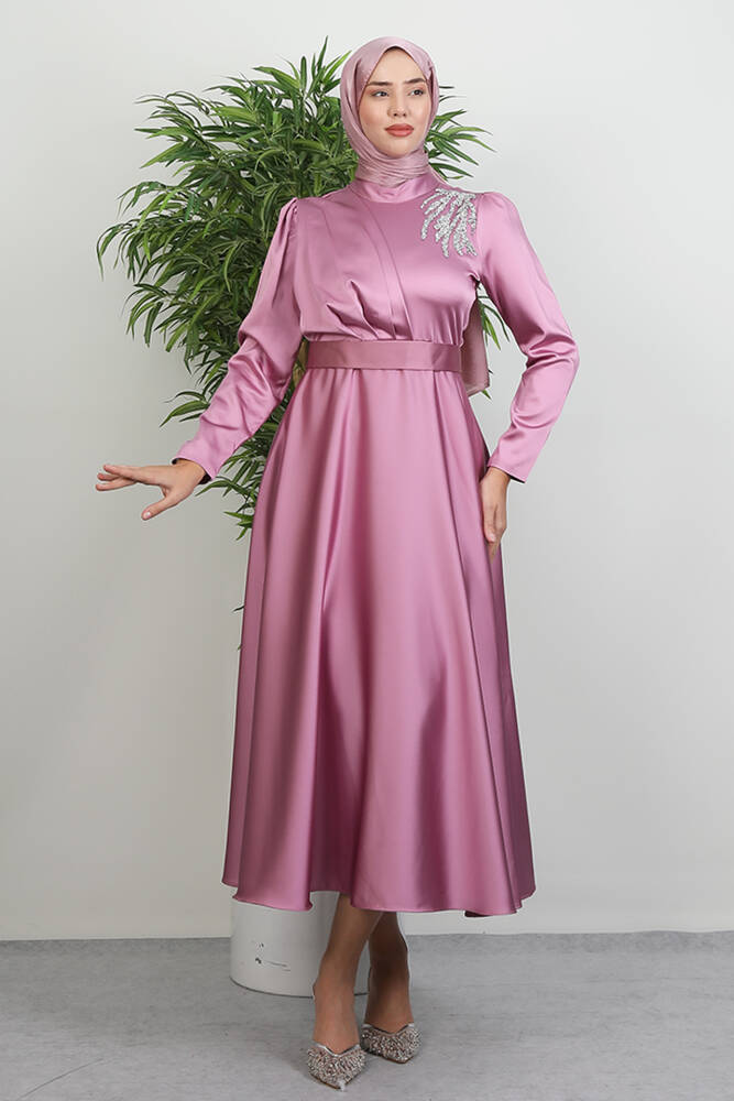 Omzu Taşlı Saten Abiye Koyu Pembe - LAMİAGİYİM