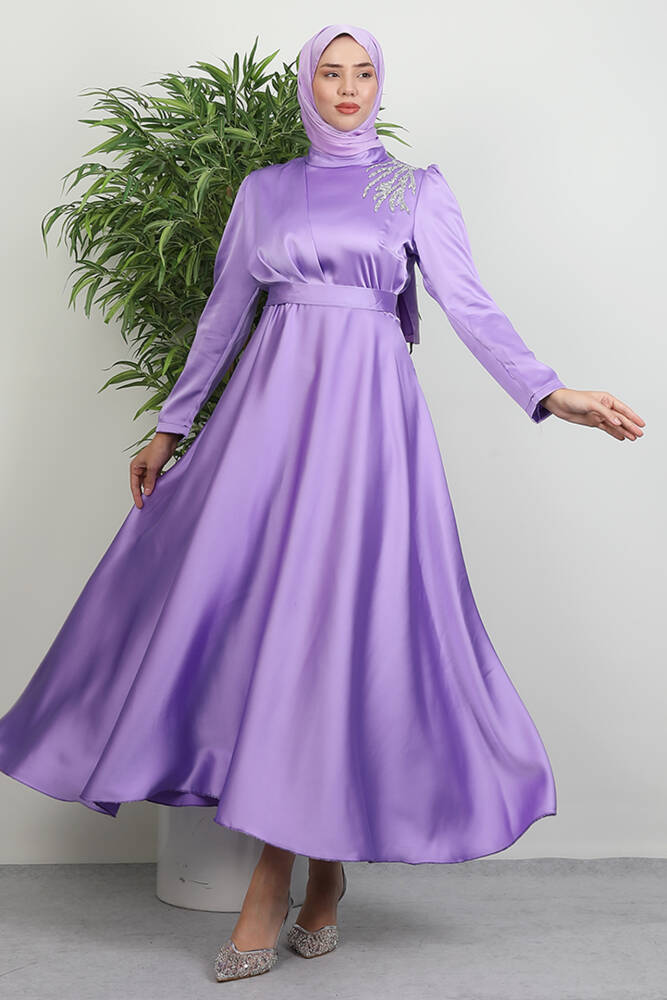 Omzu Taşlı Saten Abiye Lila - LAMİAGİYİM