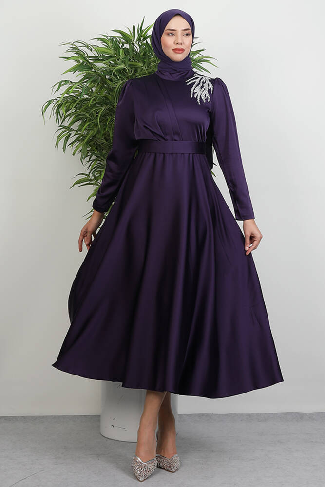 Omzu Taşlı Saten Abiye Mor - LAMİAGİYİM
