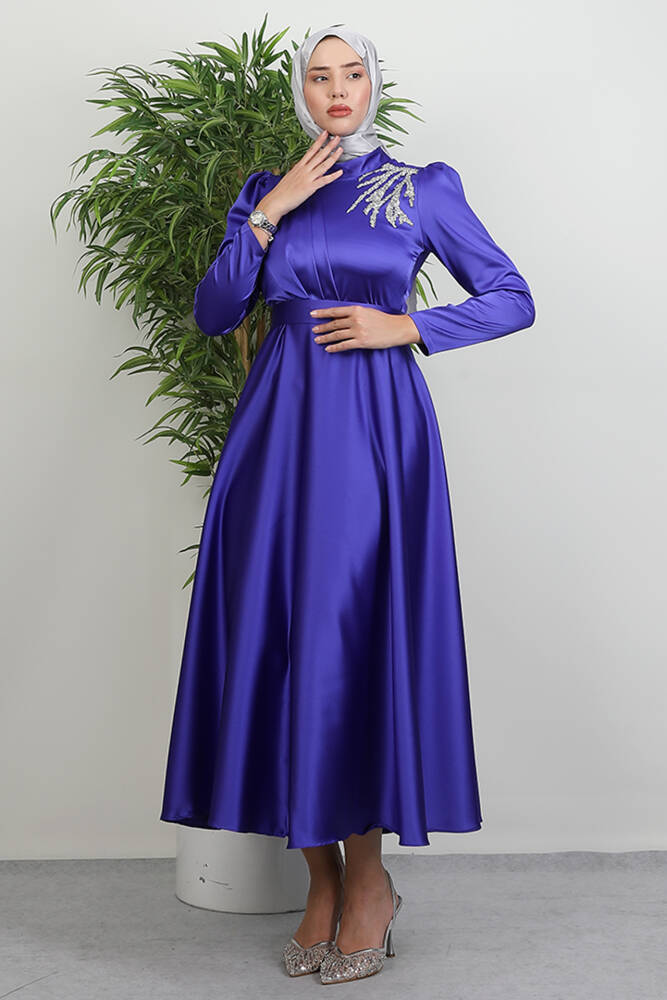 Omzu Taşlı Saten Abiye Morcivert 