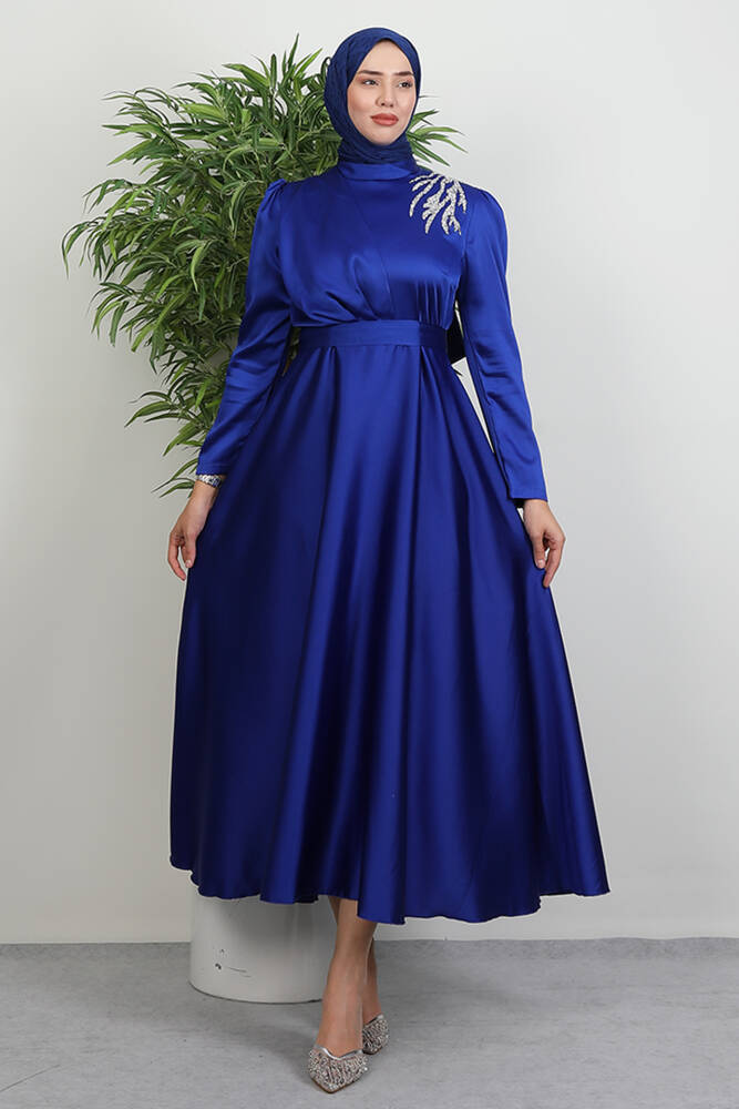 Omzu Taşlı Saten Abiye Saks - LAMİAGİYİM