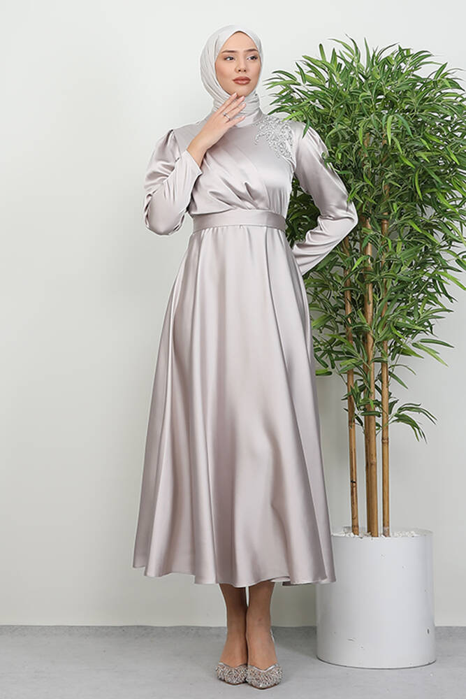 Omzu Taşlı Saten Abiye Taş - LAMİAGİYİM