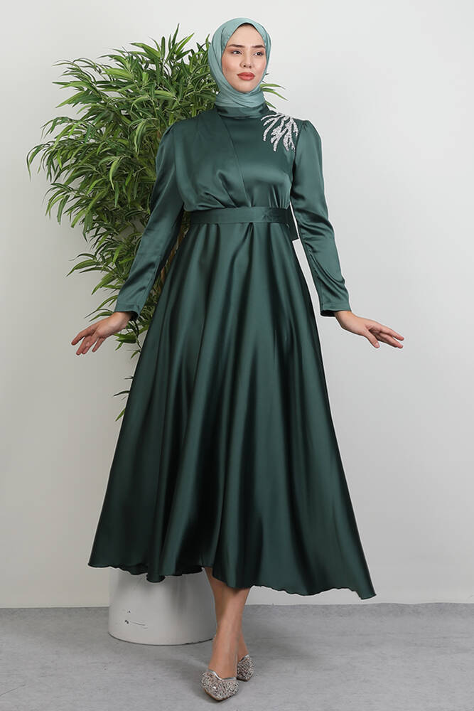 Omzu Taşlı Saten Abiye Yeşil - LAMİAGİYİM