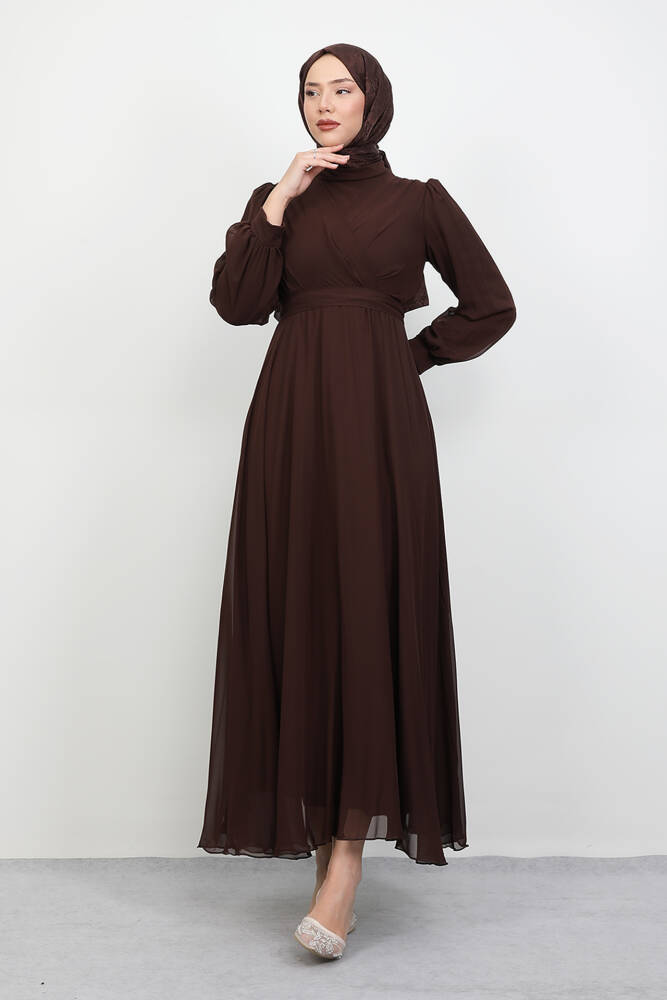 Önü Çapraz Şifon Elbise Acı Kahve 