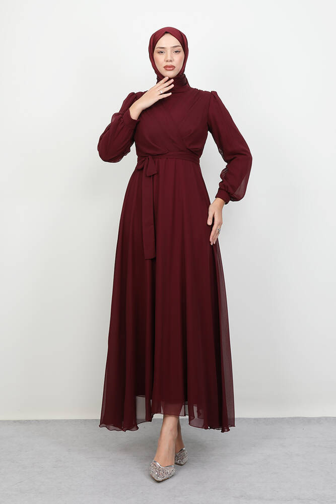 Önü Çapraz Şifon Elbise Bordo 