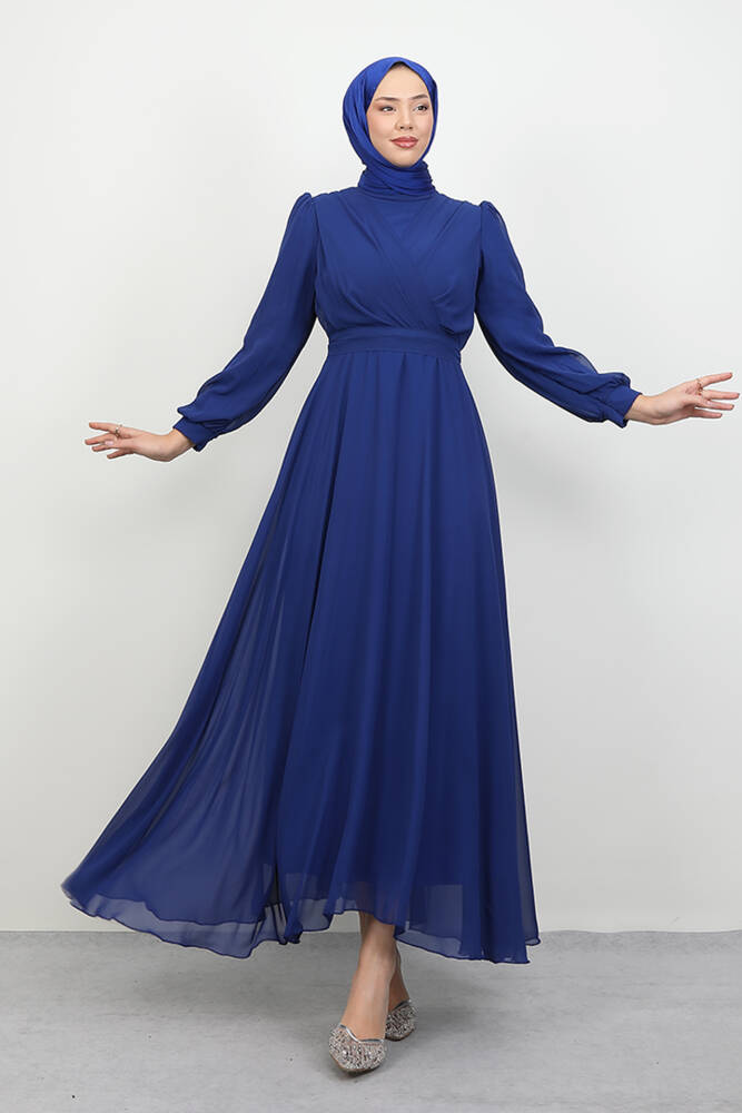 Önü Çapraz Şifon Elbise Gece Mavi 