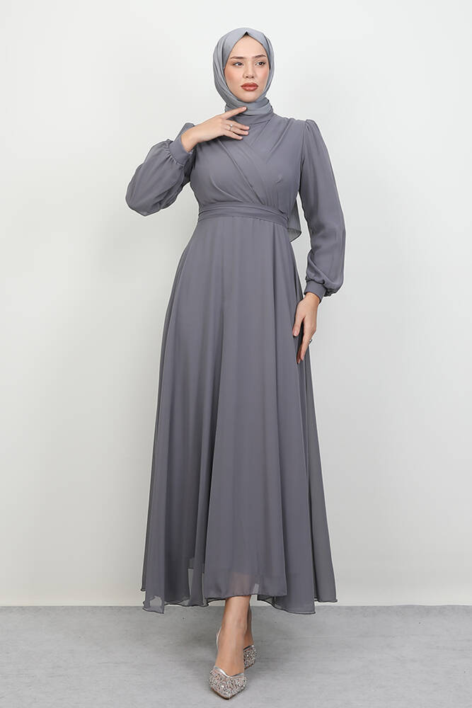 Önü Çapraz Şifon Elbise Gri 