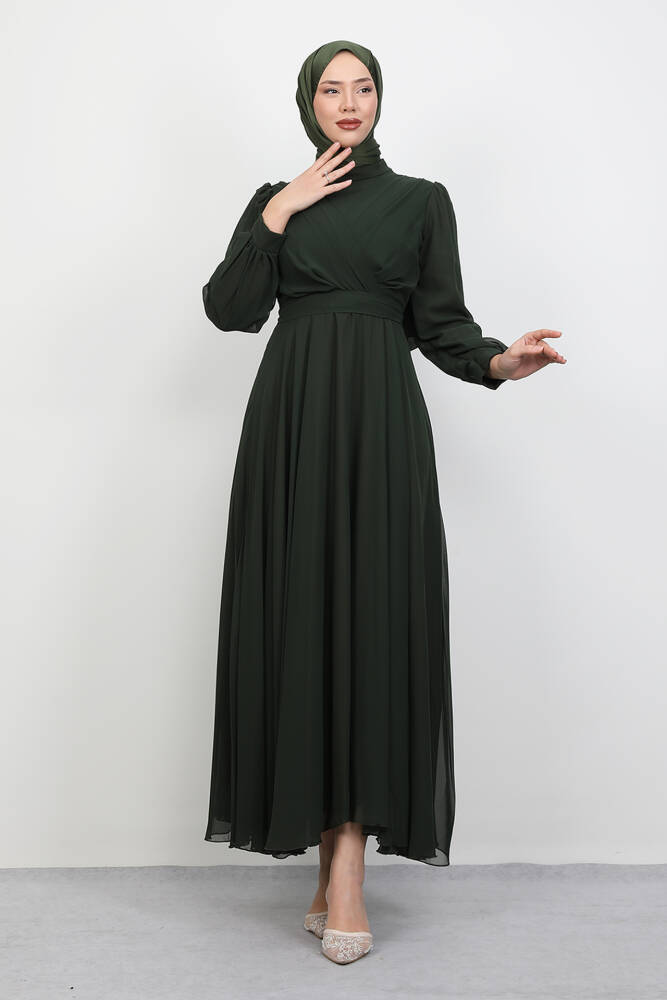 Önü Çapraz Şifon Elbise Haki 