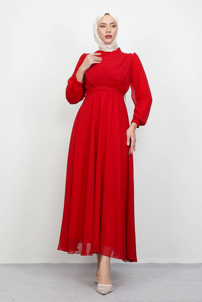 Önü Çapraz Şifon Elbise Kırmızı 
