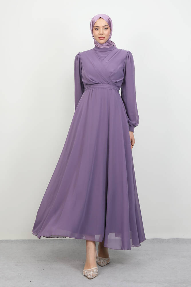 Önü Çapraz Şifon Elbise Koyu Lila 