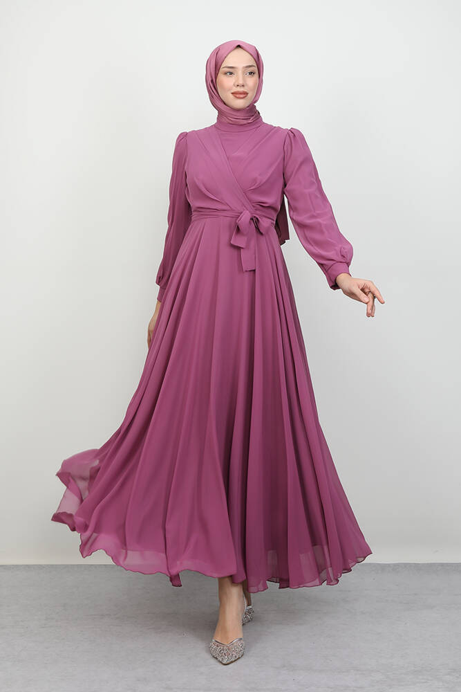 Önü Çapraz Şifon Elbise Pembe 